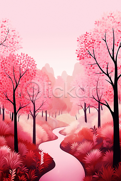 사람없음 JPG 일러스트 길 나무 백그라운드 분홍색 숲 자연 풍경(경치) 하늘