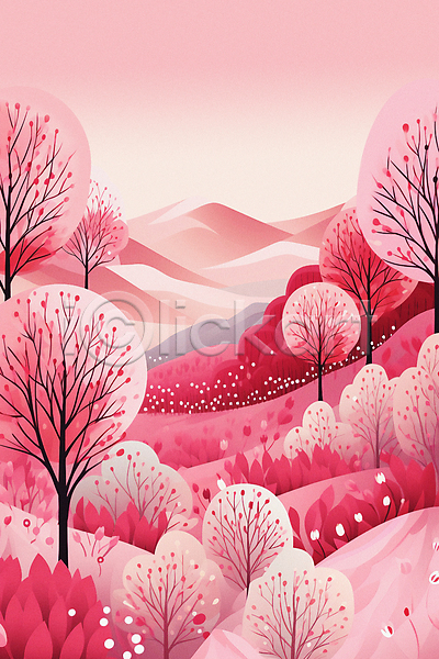 사람없음 JPG 일러스트 나무 백그라운드 분홍색 산 숲 자연 풍경(경치) 하늘