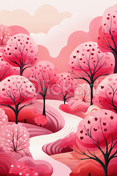 사람없음 JPG 일러스트 구름(자연) 길 나무 백그라운드 분홍색 숲 자연 풍경(경치) 하늘
