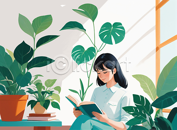 감성 휴식 성인 성인여자한명만 여자 한명 PSD 일러스트 독서 들기 라이프스타일 몬스테라 반려식물 상반신 원예 잎 창문 책 초록색 풀(식물) 플랜테리어 햇빛 화분