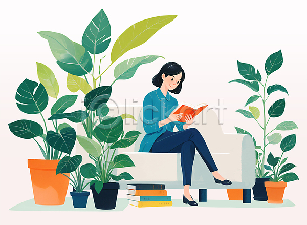 감성 휴식 성인 성인여자한명만 여자 한명 PSD 일러스트 독서 들기 라이프스타일 몬스테라 반려식물 소파 앉기 원예 잎 전신 책 초록색 풀(식물) 플랜테리어 화분