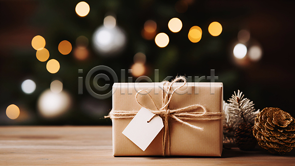 사람없음 JPG 편집이미지 꼬리표 리본 베이지색 보케 보케백그라운드 선물 선물상자 솔방울 종이 크리스마스장식