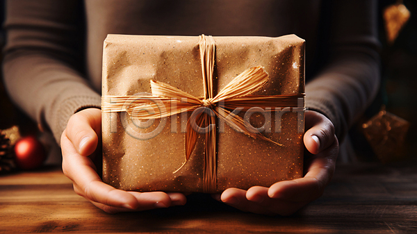 신체부위 JPG 편집이미지 들기 리본 베이지색 보케백그라운드 선물 선물상자 손 종이 크리스마스장식