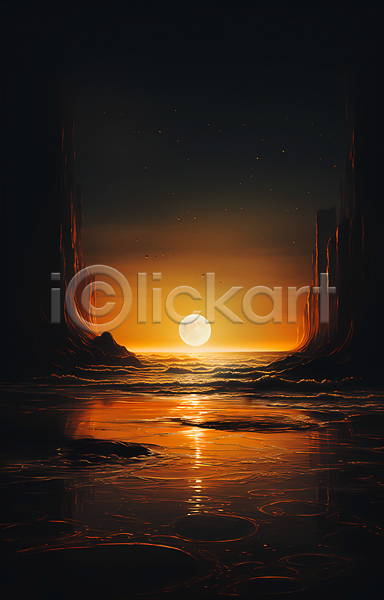 사람없음 JPG 디지털합성 일러스트 달 달빛 바다 심야 야간 컨셉 파도 풍경(경치) 해변