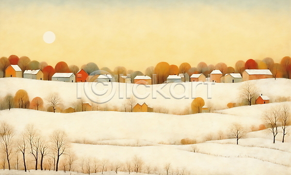 사람없음 JPG 일러스트 나무 마을 백그라운드 일출 자연 주택 초원(자연) 태양 하늘