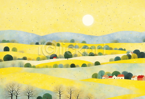 사람없음 JPG 일러스트 나무 노란색 마을 백그라운드 산 일출 자연 주택 초원(자연) 태양 하늘