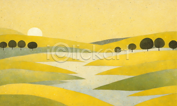 사람없음 JPG 일러스트 나무 노란색 백그라운드 산 일출 자연 초원(자연) 태양 하늘