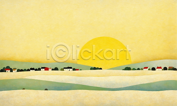 사람없음 JPG 일러스트 나무 노란색 마을 백그라운드 산 일출 자연 주택 초원(자연) 태양 하늘
