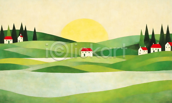 사람없음 JPG 일러스트 나무 마을 백그라운드 산 일출 자연 주택 초록색 초원(자연) 태양 하늘