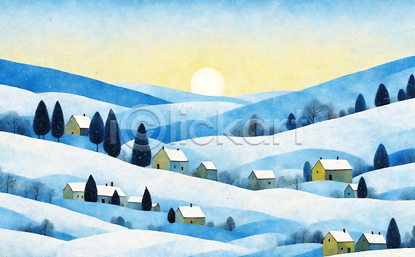 사람없음 JPG 일러스트 나무 마을 백그라운드 산 일출 자연 주택 초원(자연) 태양 파란색 하늘