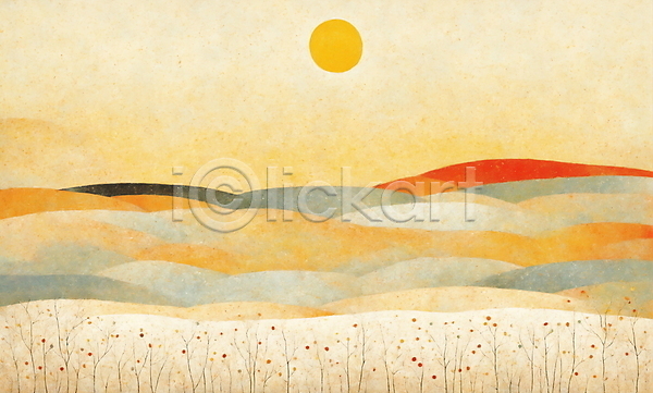 사람없음 JPG 일러스트 나무 백그라운드 산 일출 자연 주황색 초원(자연) 태양 하늘