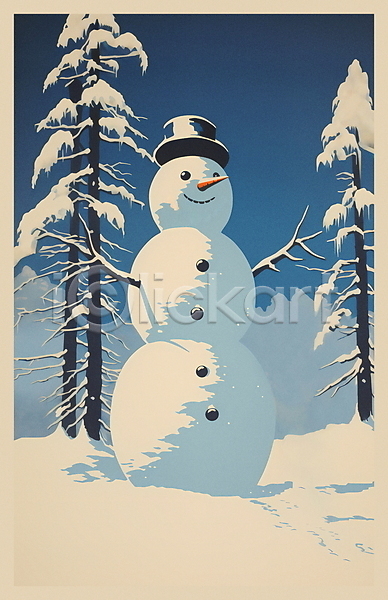 빈티지 사람없음 JPG 일러스트 겨울 나무 눈(날씨) 눈덮임 눈사람 복고 설경 설산 파란색 풍경(경치) 흰색