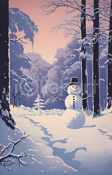 빈티지 사람없음 JPG 일러스트 겨울 나무 눈(날씨) 눈덮임 눈사람 복고 설경 설산 풍경(경치)