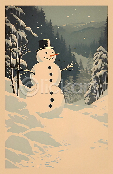 빈티지 사람없음 JPG 일러스트 겨울 나무 눈(날씨) 눈덮임 눈사람 복고 설경 설산 자연 풍경(경치)