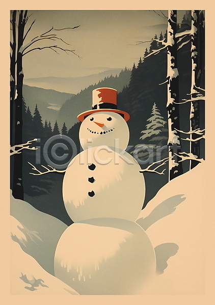 빈티지 사람없음 JPG 일러스트 겨울 나무 눈(날씨) 눈덮임 눈사람 복고 설경 설산 풍경(경치)
