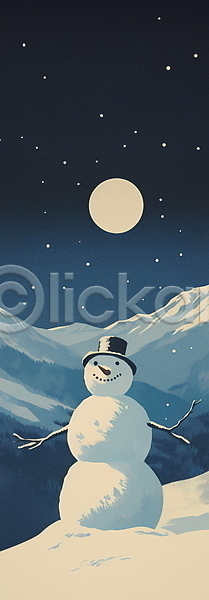 빈티지 사람없음 JPG 일러스트 겨울 눈(날씨) 눈사람 달 밤하늘 복고 설경 설산 자연 파란색 풍경(경치) 흰색