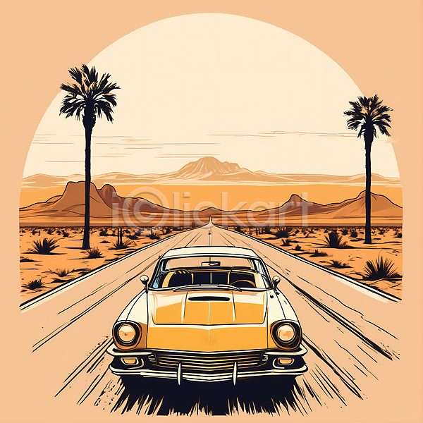 빈티지 사람없음 JPG 디지털합성 일러스트 편집이미지 교통수단 도로 빈티지배경 사막 산 서부 야자수 자동차