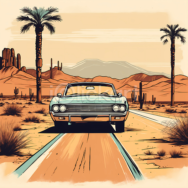 빈티지 사람없음 JPG 디지털합성 일러스트 편집이미지 교통수단 도로 빈티지배경 사막 산 서부 야자수 자동차