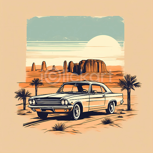 빈티지 사람없음 JPG 디지털합성 일러스트 편집이미지 교통수단 도로 빈티지배경 사막 산 서부 야자수 자동차 태양