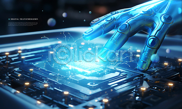 미래 변화 희망 사람없음 PSD 편집이미지 AI(인공지능) 기계 기술혁신 로봇팔 미래도시 반도체 손 터치 파란색