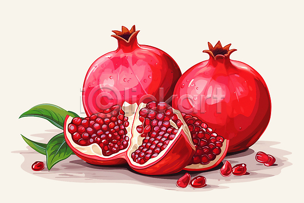 달콤 신선 사람없음 PSD 일러스트 과일 단면 빨간색 석류 석류알 열대과일 잎