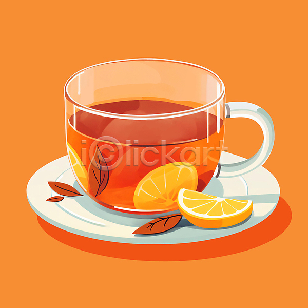 따뜻함 사람없음 PSD 일러스트 과일 나뭇잎 다도 레몬 잔 주황색 차(음료) 찻잎 찻잔 컵받침 허브 홍차