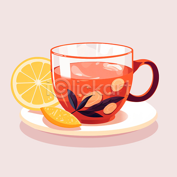 따뜻함 사람없음 PSD 일러스트 과일 나뭇잎 다도 레몬 잔 차(음료) 찻잎 찻잔 컵받침 허브 홍차