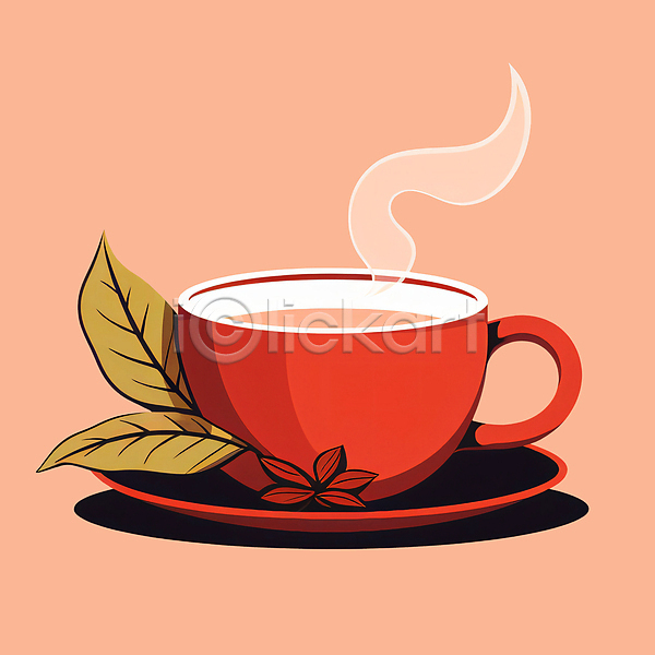 따뜻함 사람없음 PSD 일러스트 나뭇잎 다도 다홍색 밀크티 수증기 잔 차(음료) 찻잎 찻잔 컵받침