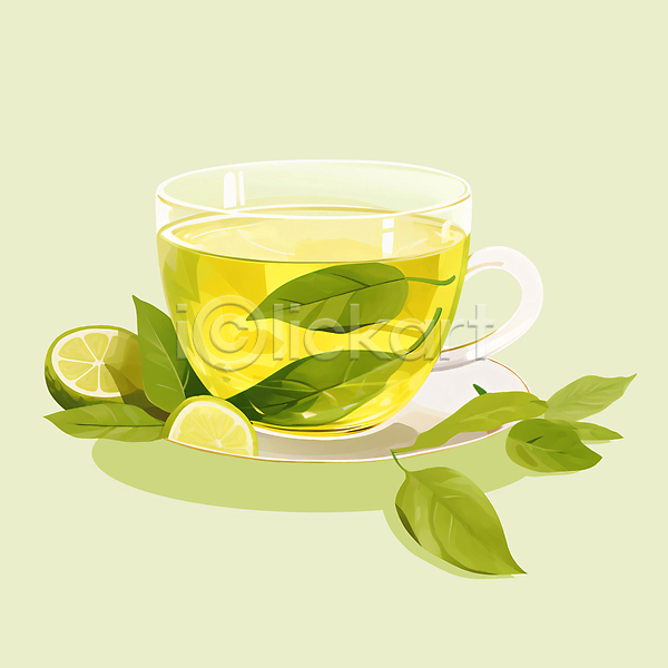 따뜻함 사람없음 PSD 일러스트 과일 나뭇잎 녹차 다도 라임 레몬 잔 차(음료) 찻잎 찻잔 초록색 컵받침 허브