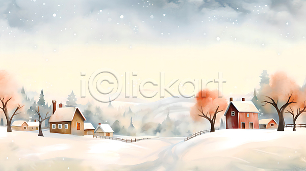 사람없음 JPG 일러스트 겨울 나무 눈(날씨) 눈덮임 마을 백그라운드 산 수채화(물감) 언덕 울타리 주택 페인팅 풍경(경치) 하늘 흰색