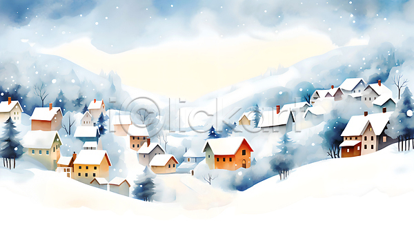 사람없음 JPG 일러스트 겨울 나무 눈(날씨) 눈덮임 마을 백그라운드 산 수채화(물감) 언덕 주택 파란색 페인팅 풍경(경치) 하늘