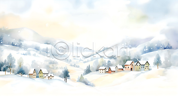 사람없음 JPG 일러스트 겨울 나무 눈(날씨) 눈덮임 마을 백그라운드 산 수채화(물감) 언덕 주택 페인팅 풍경(경치) 하늘 흰색