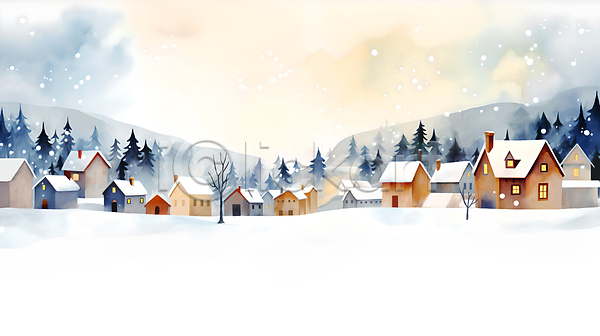 사람없음 JPG 일러스트 겨울 나무 눈(날씨) 눈덮임 마을 백그라운드 산 수채화(물감) 언덕 주택 페인팅 풍경(경치) 하늘