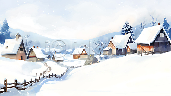 사람없음 JPG 일러스트 겨울 나무 눈(날씨) 눈덮임 돌(바위) 마을 백그라운드 산 수채화(물감) 언덕 울타리 주택 페인팅 풍경(경치) 하늘 흰색