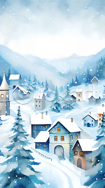 사람없음 JPG 일러스트 겨울 나무 눈(날씨) 눈덮임 마을 백그라운드 산 수채화(물감) 언덕 울타리 주택 파란색 페인팅 풍경(경치) 하늘
