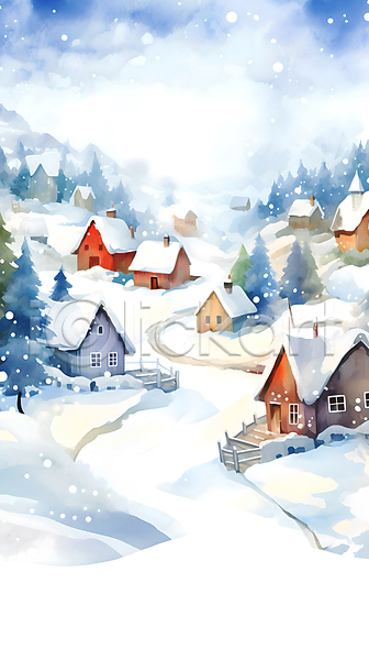 사람없음 JPG 일러스트 겨울 계단 나무 눈(날씨) 눈덮임 마을 백그라운드 산 수채화(물감) 언덕 울타리 주택 페인팅 풍경(경치) 하늘