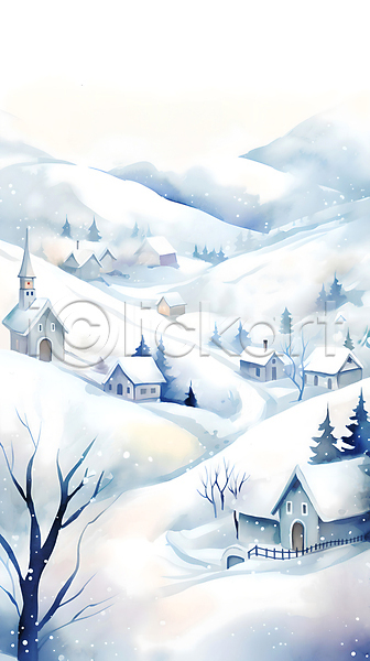 사람없음 JPG 일러스트 겨울 교회 나무 눈(날씨) 눈덮임 마을 백그라운드 산 수채화(물감) 언덕 울타리 주택 페인팅 풍경(경치) 하늘 하늘색 흰색