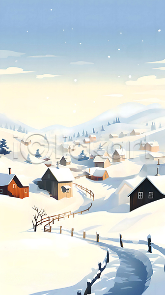 사람없음 JPG 일러스트 겨울 길 나무 눈(날씨) 눈덮임 마을 백그라운드 산 언덕 울타리 주택 페인팅 풍경(경치) 하늘