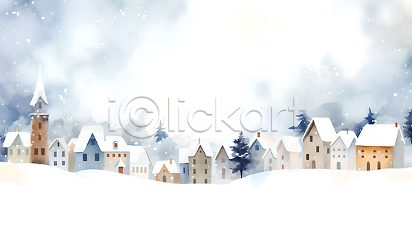 사람없음 JPG 일러스트 겨울 나무 눈(날씨) 눈덮임 마을 백그라운드 수채화(물감) 주택 페인팅 풍경(경치) 하늘 흰색