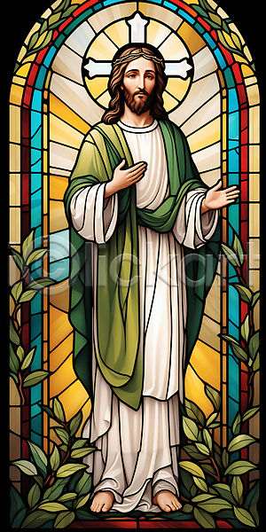 믿음 남자 성인 성인남자한명만 한명 JPG 일러스트 기독교 서기 스테인드글라스 신성 십자가 예수 예술 올리브잎 창문 초록색