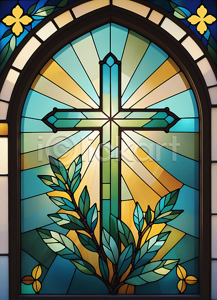 믿음 사람없음 JPG 일러스트 기독교 스테인드글라스 신성 십자가 예술 올리브잎 창문 청록색