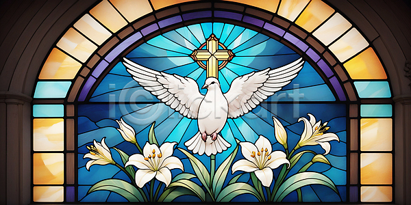 믿음 사람없음 JPG 일러스트 기독교 꽃 백합(꽃) 비둘기 스테인드글라스 신성 십자가 예술 잎 창문