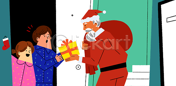 남자 노년 세명 소녀(어린이) 소년 어린이 여자 PSD 일러스트 겨울 들기 산타클로스 상반신 서기 선물자루 주기 크리스마스 크리스마스선물 크리스마스양말
