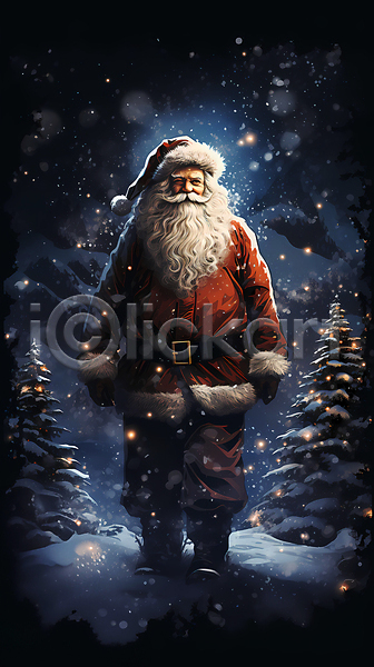 남자 노년 노인남자한명만 한명 JPG 일러스트 겨울 나무 눈(날씨) 눈내림 산타클로스 서기 어둠 크리스마스