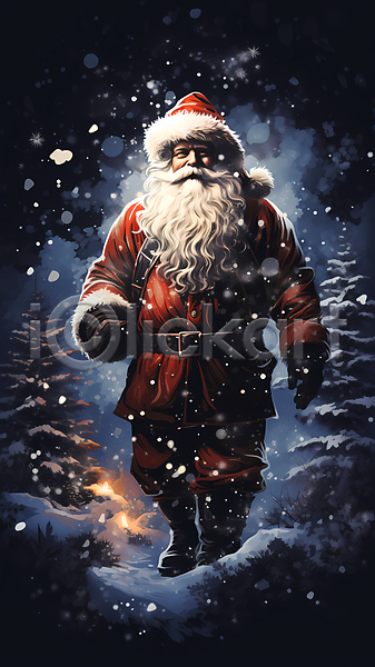 남자 노년 노인남자한명만 한명 JPG 일러스트 걷기 겨울 나무 눈(날씨) 눈내림 산타클로스 어둠 크리스마스