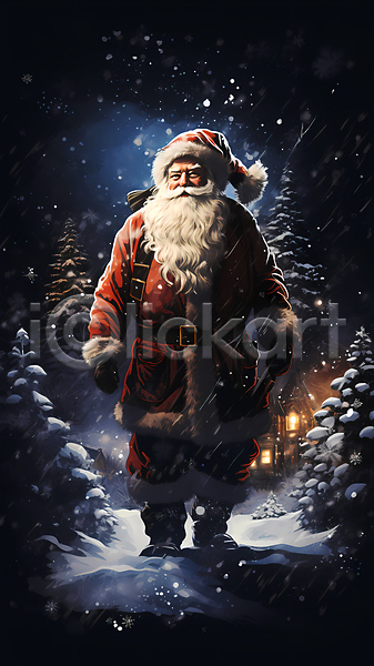 남자 노년 노인남자한명만 한명 JPG 일러스트 겨울 나무 눈(날씨) 눈내림 등불 산타클로스 서기 어둠 전신 크리스마스