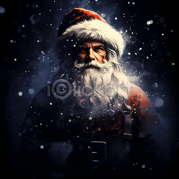 남자 노년 노인남자한명만 한명 JPG 일러스트 겨울 눈(날씨) 눈내림 산타클로스 상반신 어둠 크리스마스