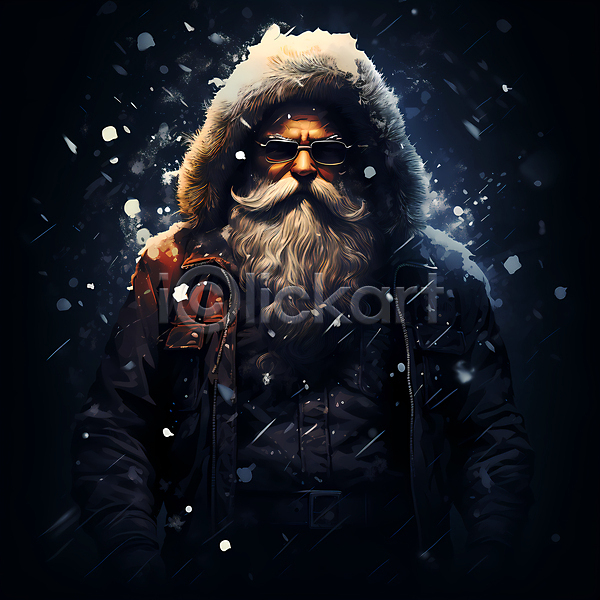 남자 노년 노인남자한명만 한명 JPG 일러스트 겨울 눈(날씨) 눈내림 산타클로스 상반신 선글라스 어둠 재킷 크리스마스
