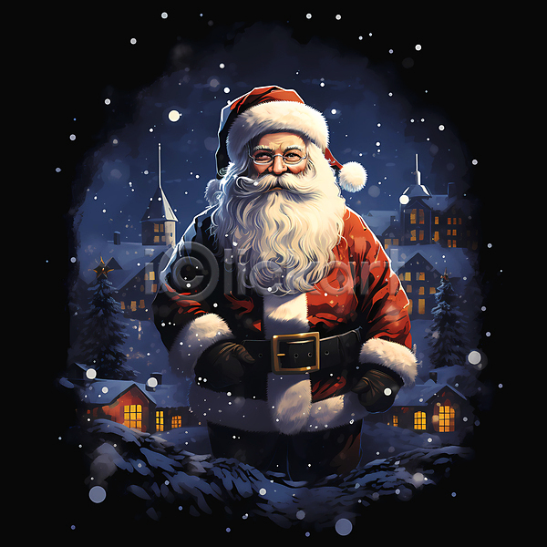 남자 노년 노인남자한명만 한명 JPG 일러스트 겨울 눈(날씨) 눈내림 마을 산타클로스 상반신 어둠 주택 크리스마스