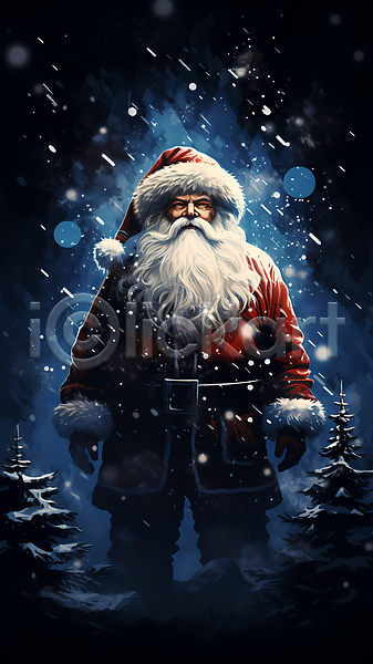 남자 노년 노인남자한명만 한명 JPG 일러스트 겨울 나무 남색 눈(날씨) 눈내림 산타클로스 어둠 전신 크리스마스